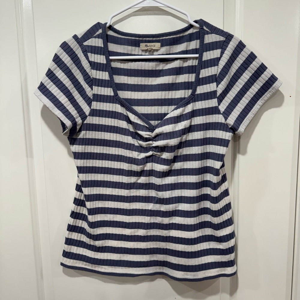 Madewell Navy and White Striped V-Neck Short Sleeve Top